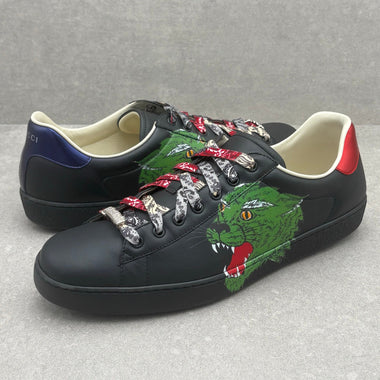 Ace Black Leather Sneaker Green Panther