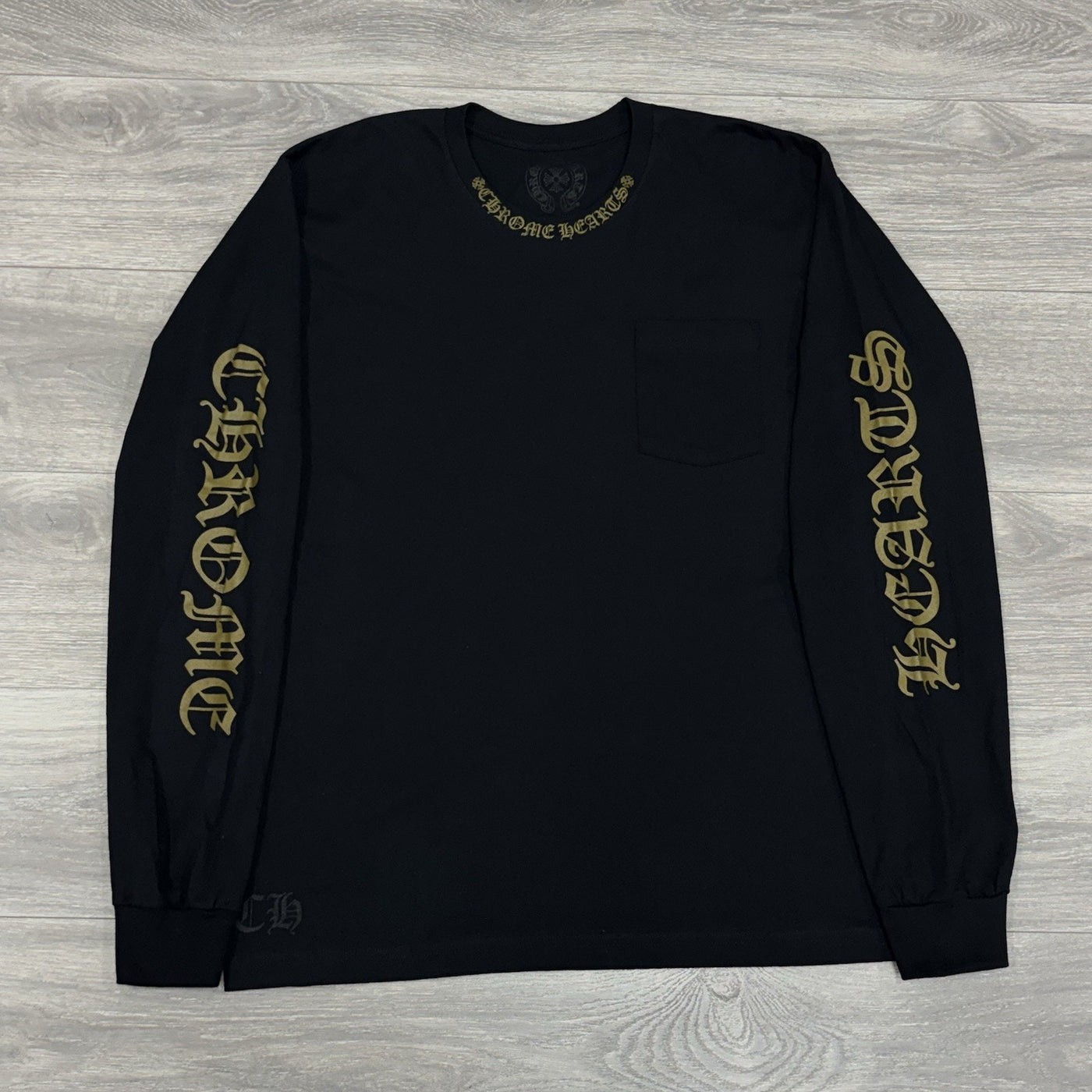 New! Chrome Hearts Neck & Vertical Logo Long Sleeve Shirt Black Green Size M
