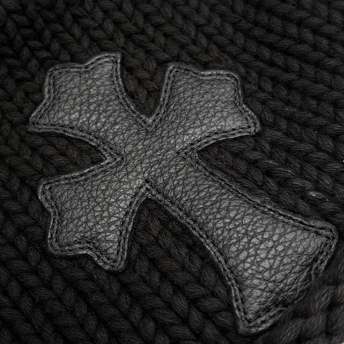 Leather Cross Patch Cable Knit Beanie Black — photo 5