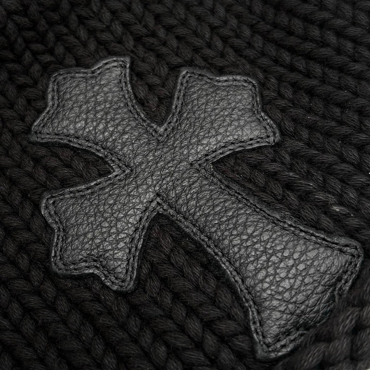 Leather Cross Patch Cable Knit Beanie Black — photo 5