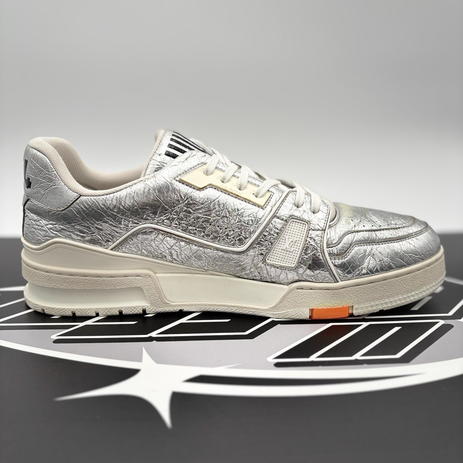 Size 10 LV (11-11.5 US) - Louis Vuitton Trainer Low ' Metallic Silver Orange '