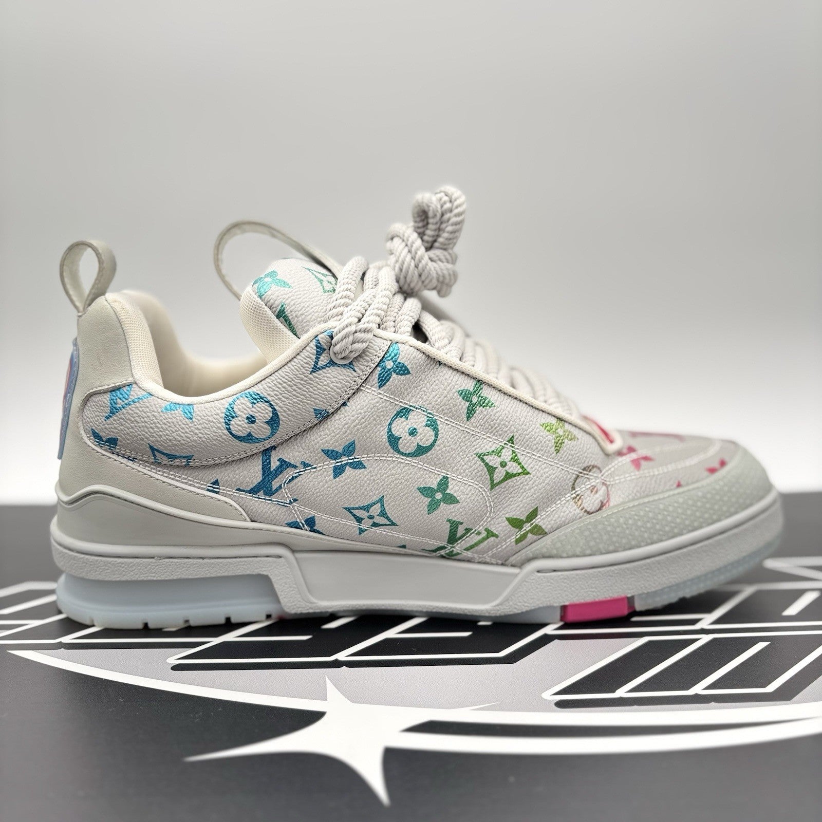 Size 11 LV (12-12.5 US) Louis Vuitton Skate ' Grey Monogram Multicolor' | GREAT!
