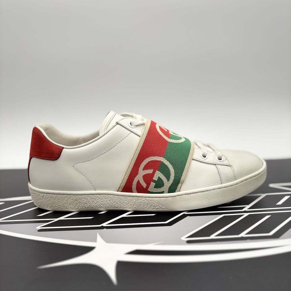 Size 38.5 (7 W US) - Gucci Ace Web 'Interlocking G - White Red Green ‘ | GOOD!