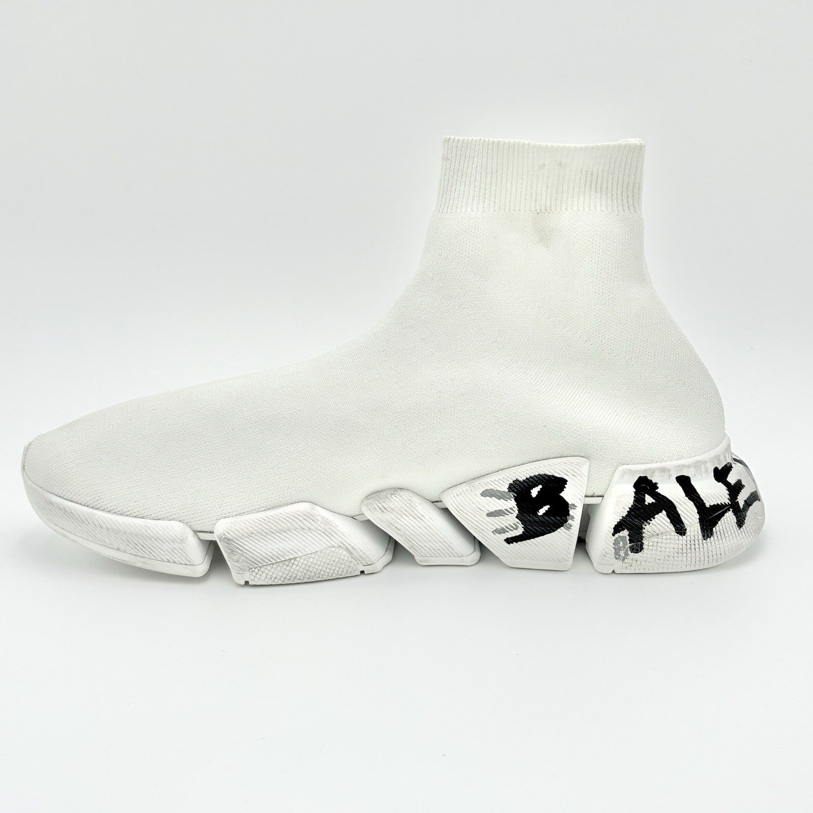 Size 46 (13 US) - Balenciaga Speed 2.0 Graffiti Recycled Knit ' White ' | NEW!