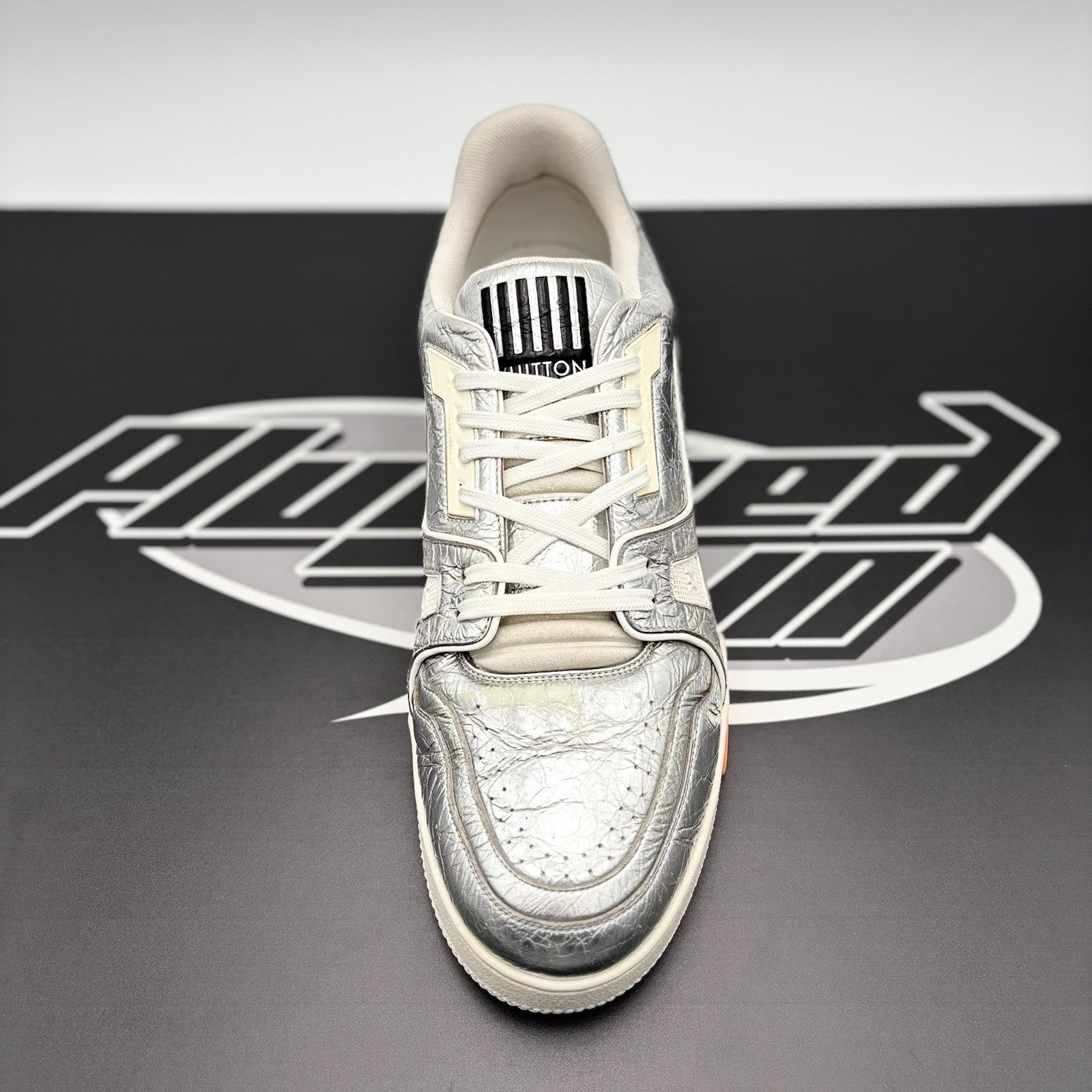 Size 10 LV (11-11.5 US) - Louis Vuitton Trainer Low ' Metallic Silver Orange '