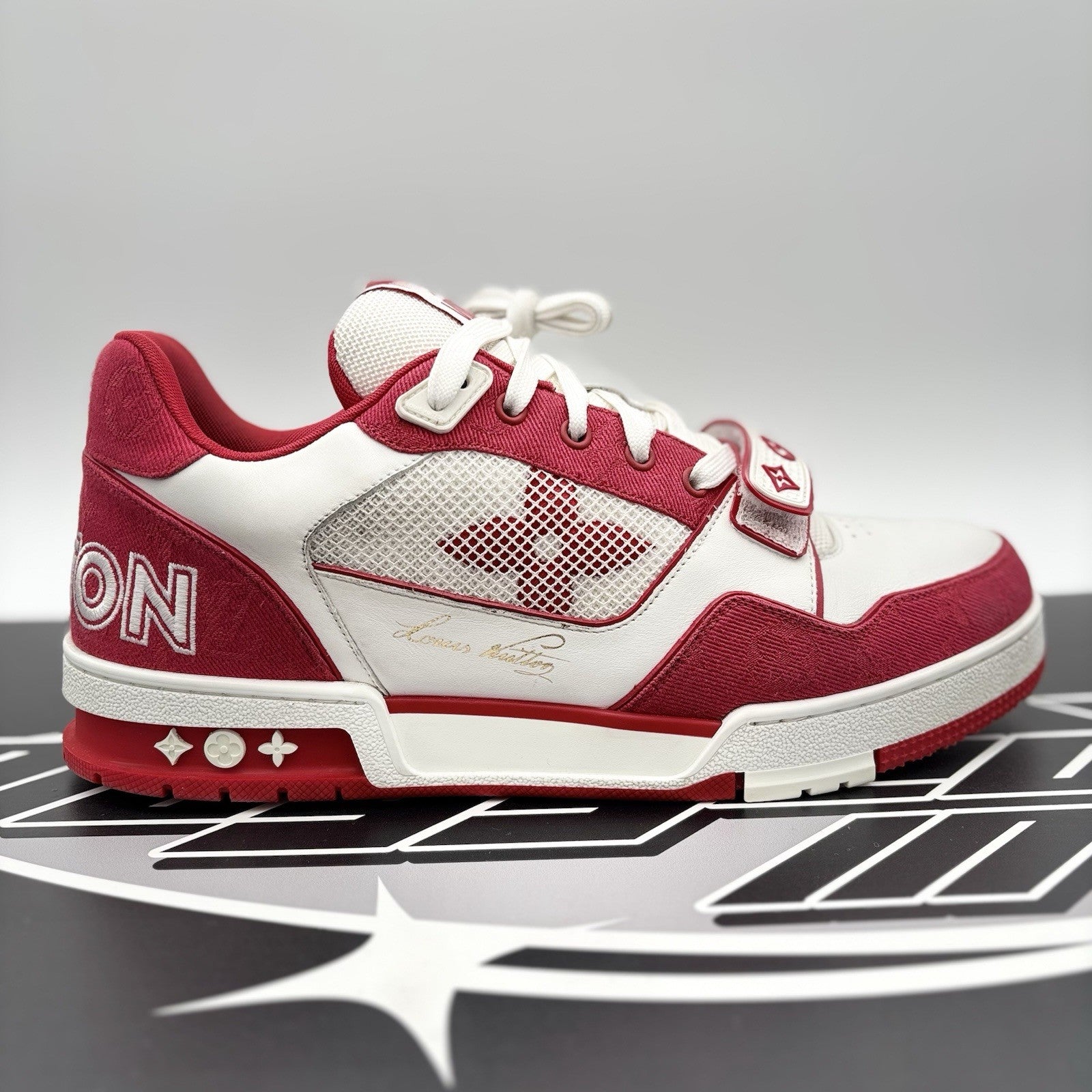 Size 9 LV (10-10.5 US) Louis Vuitton Trainer Strap ' Red, White ' | SUPER CLEAN!