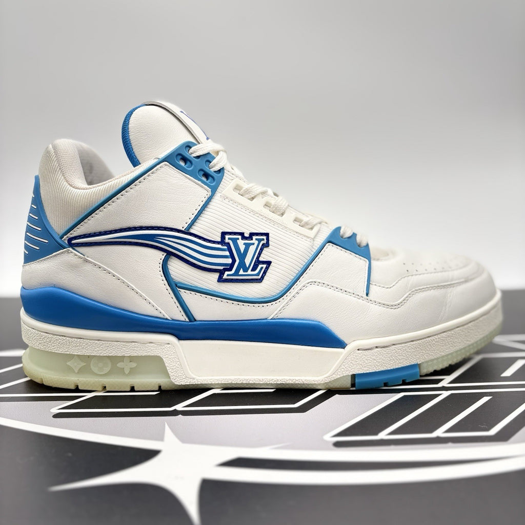 Size 8.5 LV (9.5-10 US) - Louis Vuitton Trainer Mid ‘ White, Blue ’ | GREAT!