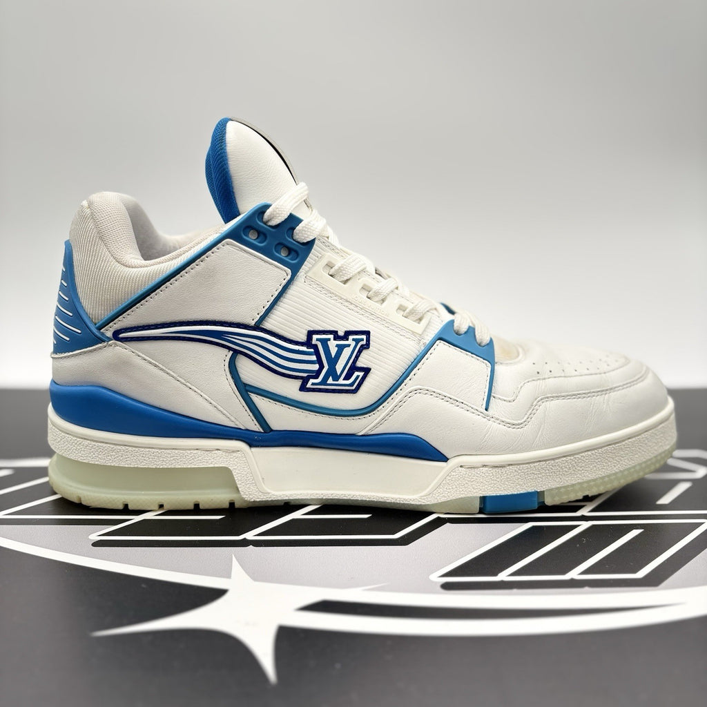 Size 8.5 LV (9.5-10 US) - Louis Vuitton Trainer Mid ‘ White, Blue ’ | GREAT!