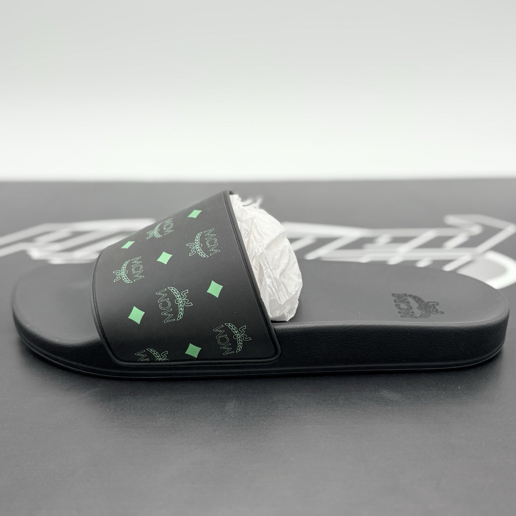 Size 45 (12 US) - MCM Monogram Print Rubber Slides ' Black Splash Green ' | NEW!
