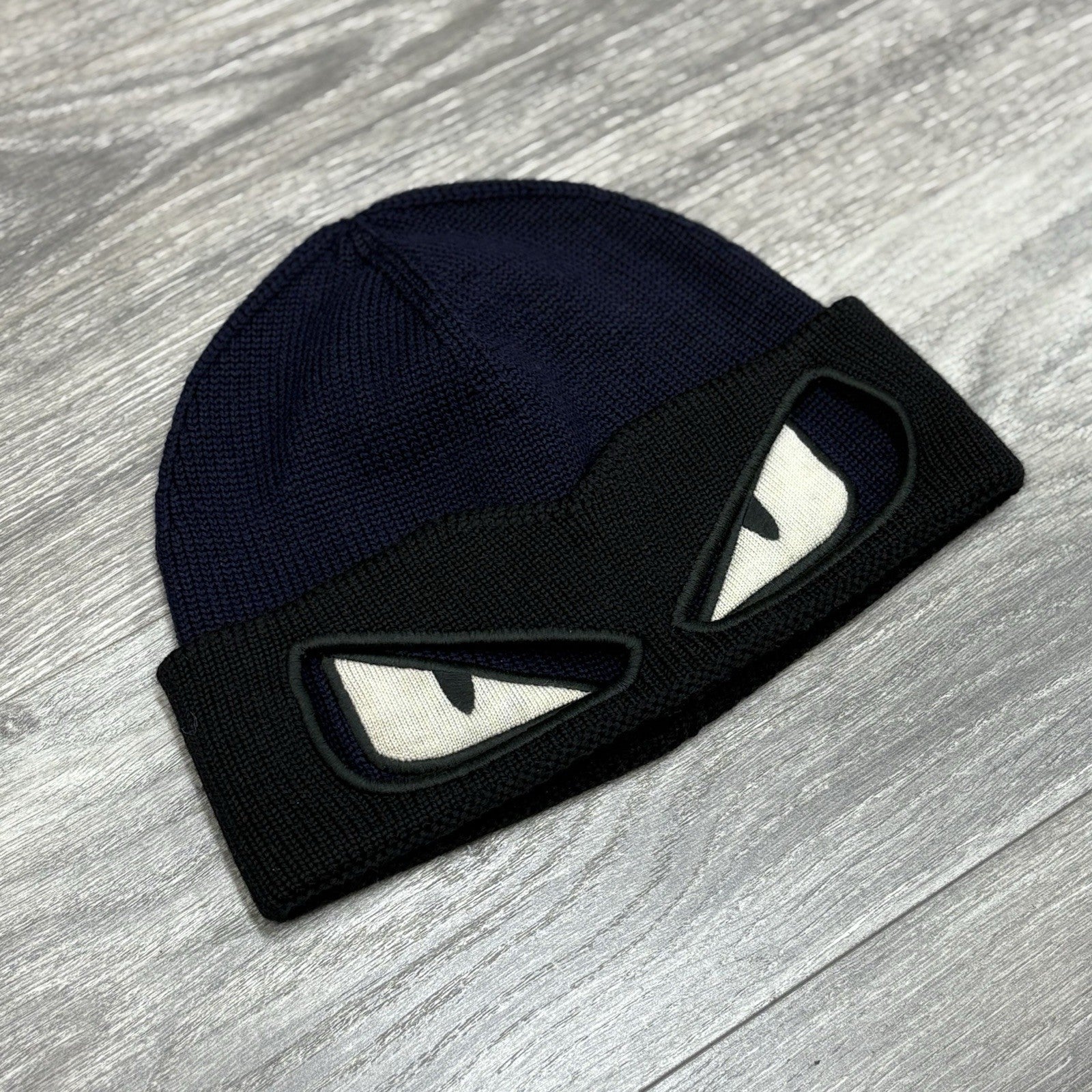 Fendi Embroidered Bad Bugs Monster Eyes Beanie ' Navy Blue Black '