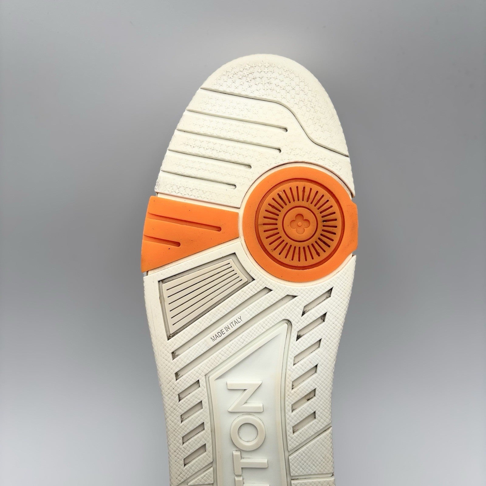 Size 10 LV (11-11.5 US) - Louis Vuitton Trainer Low ' Metallic Silver Orange '