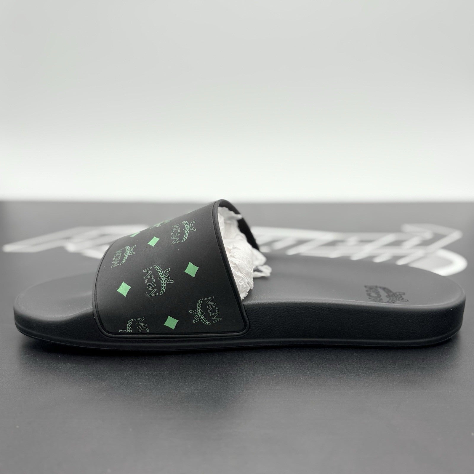 Size 45 (12 US) - MCM Monogram Print Rubber Slides ' Black Splash Green ' | NEW!