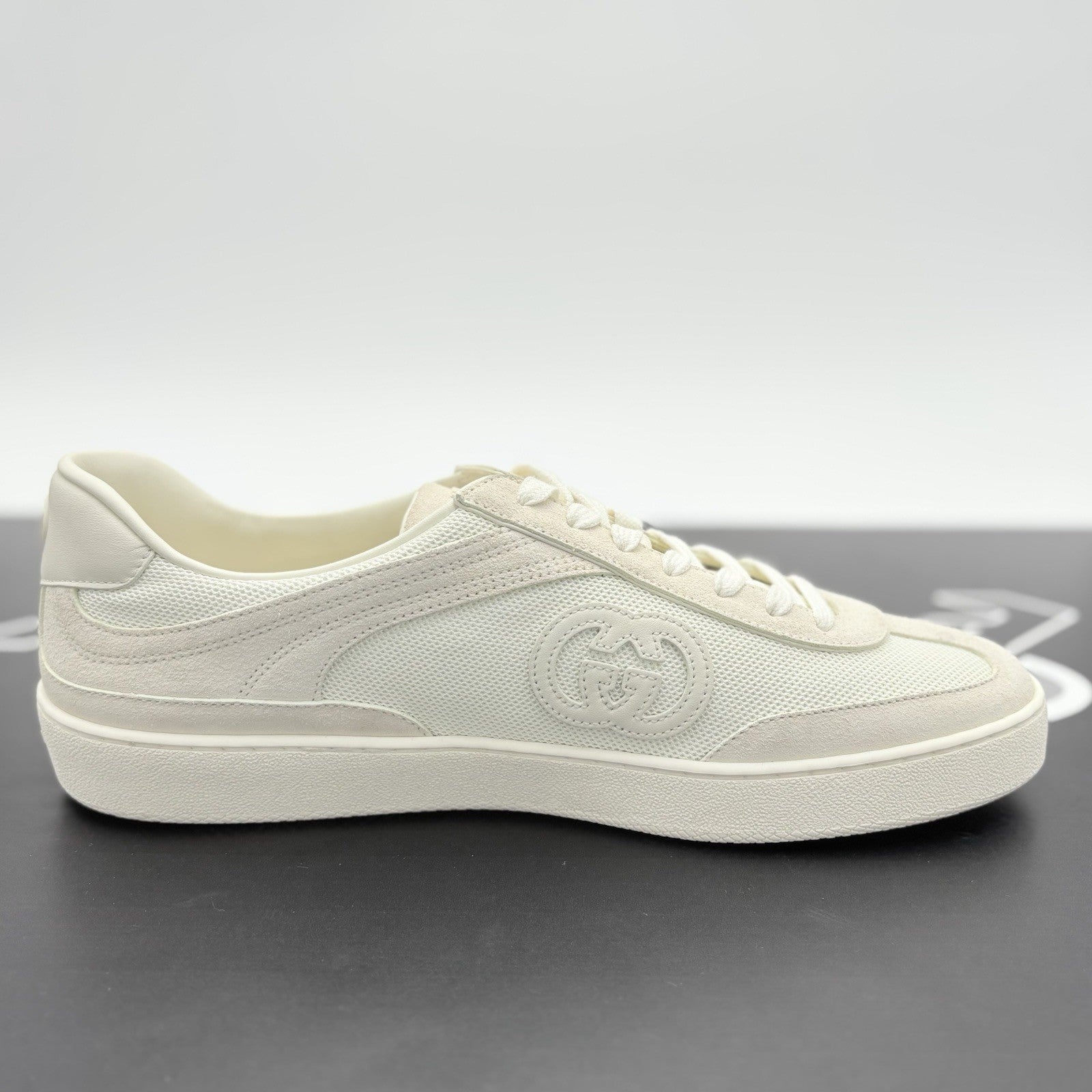 Size 9.5 G (10 US) Gucci G75 Interlocking G Suede Sneaker ' Beige White ' | NEW!