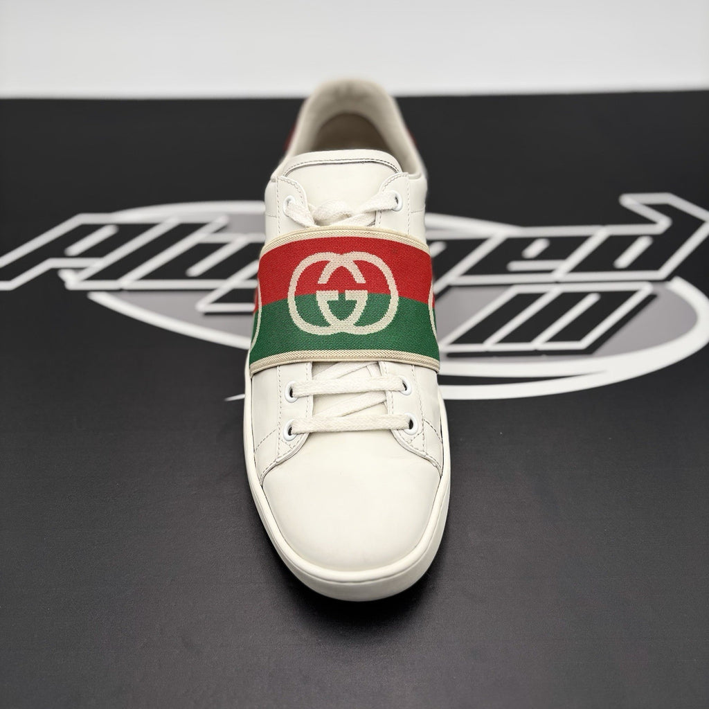 Size 38.5 (7 W US) - Gucci Ace Web 'Interlocking G - White Red Green ‘ | GOOD!