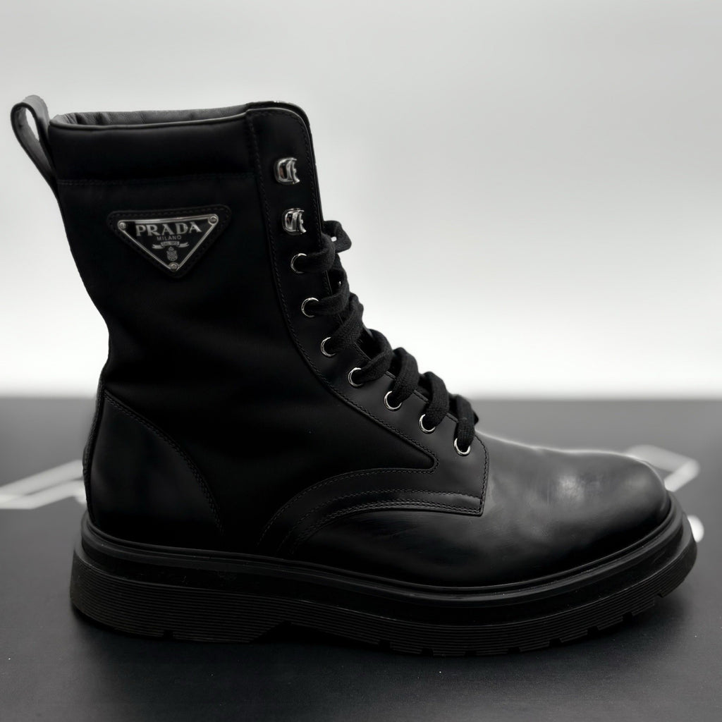 Size 9 UK (10 US) - Prada Nylon & Leather Triangle Logo Combat Boots ' Black '