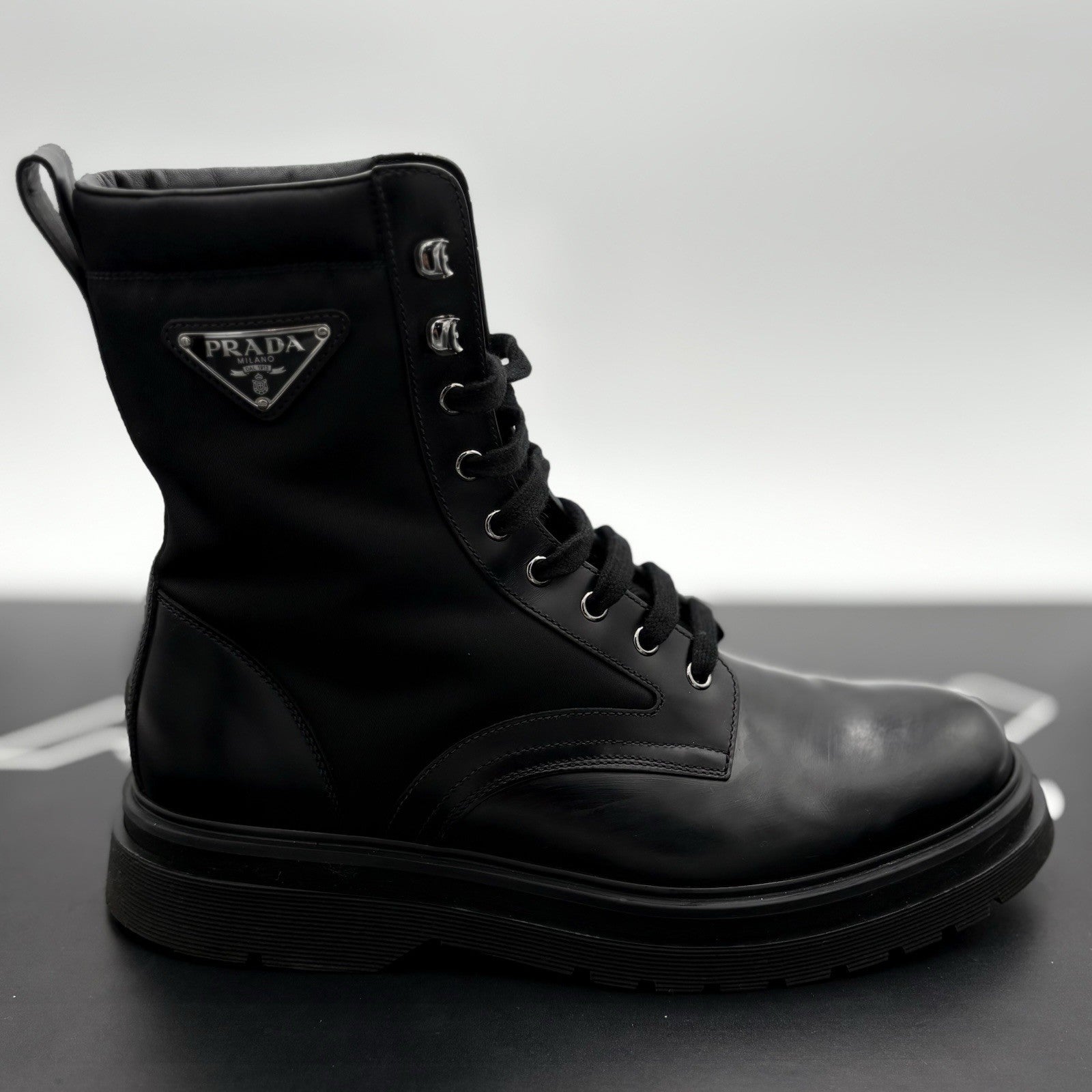 Size 9 UK (10 US) - Prada Nylon & Leather Triangle Logo Combat Boots ' Black '