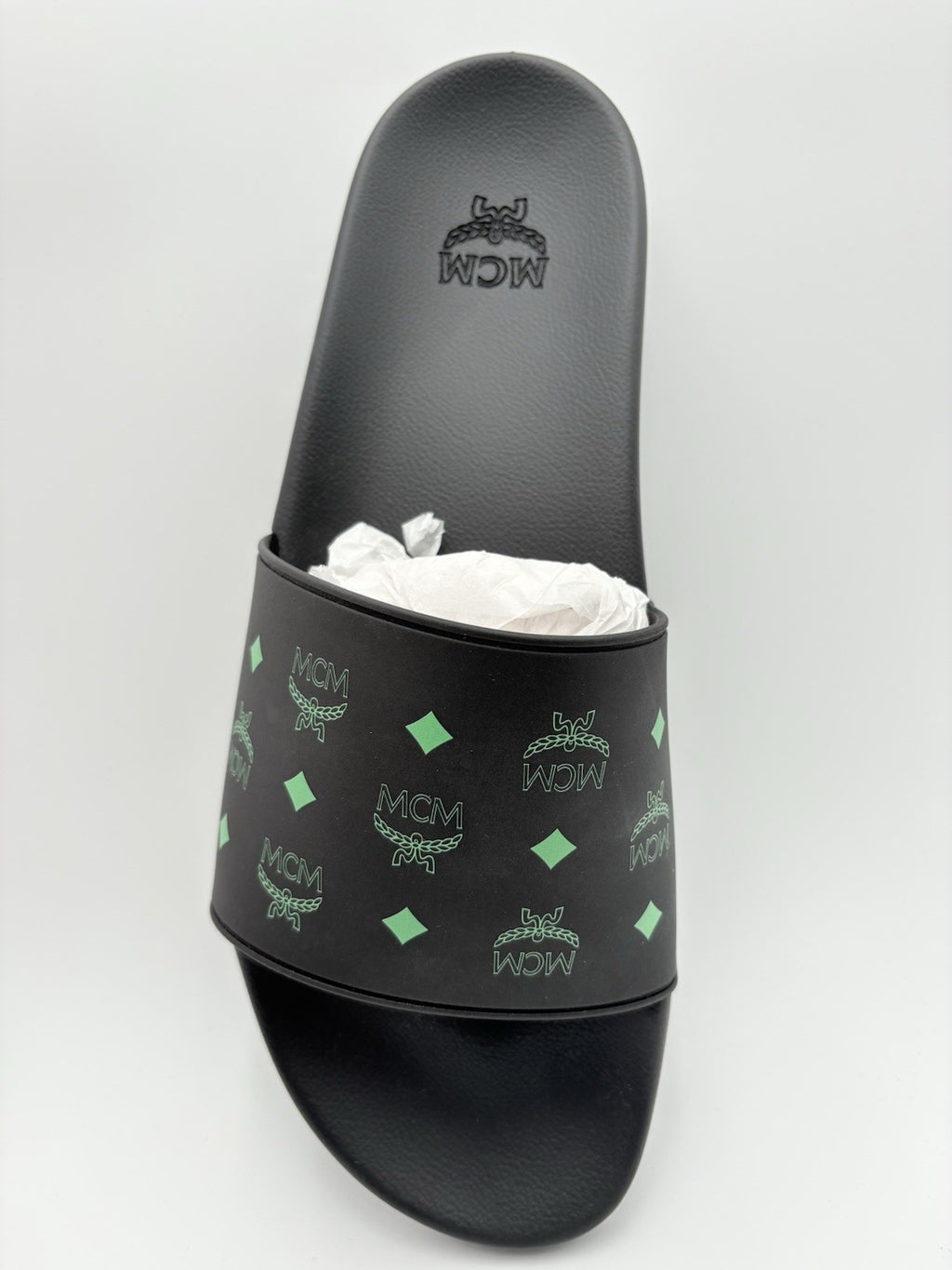 Size 45 (12 US) - MCM Monogram Print Rubber Slides ' Black Splash Green ' | NEW!