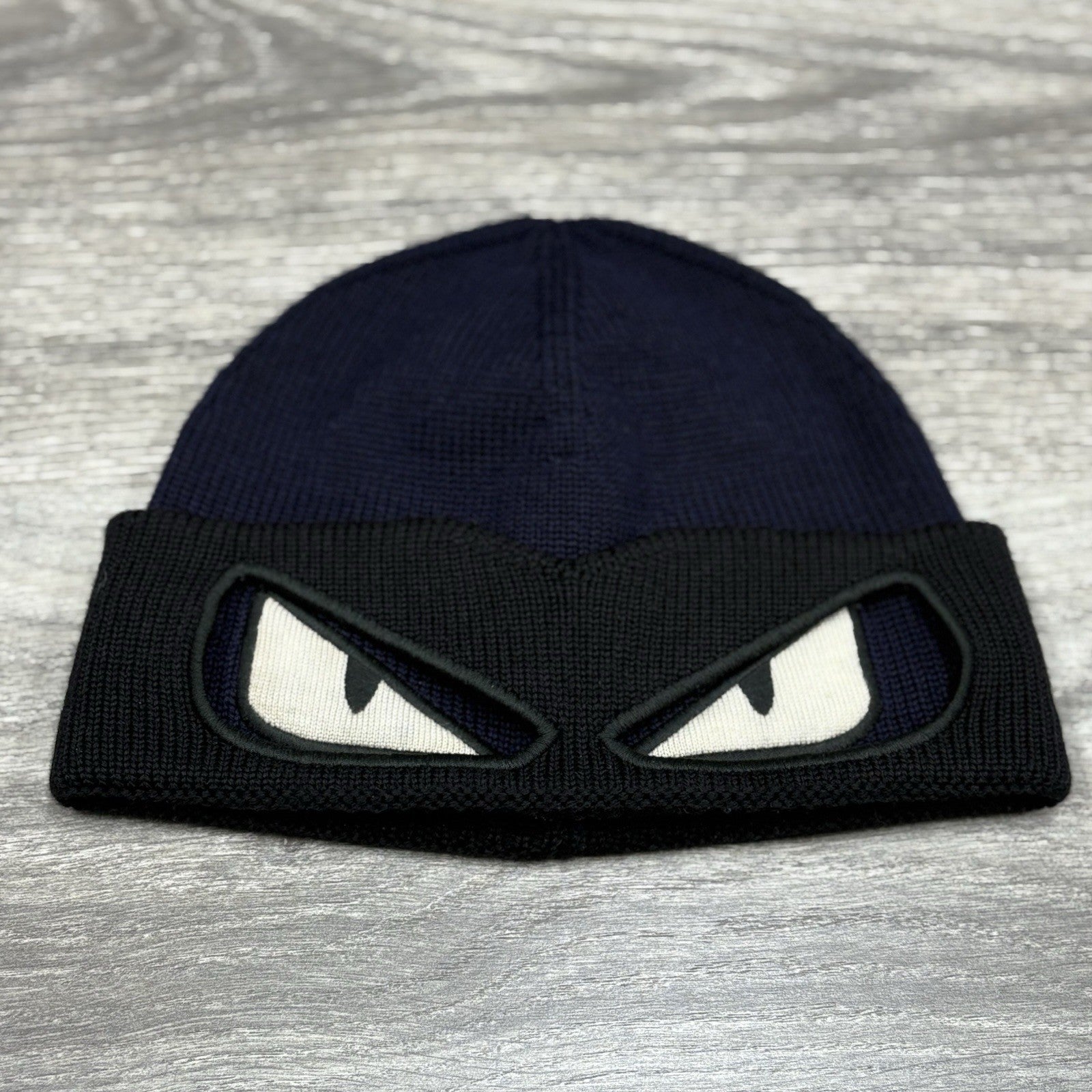Fendi Embroidered Bad Bugs Monster Eyes Beanie ' Navy Blue Black '