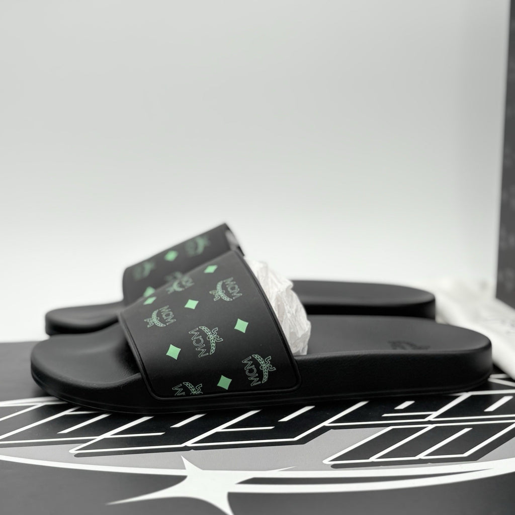 Size 45 (12 US) - MCM Monogram Print Rubber Slides ' Black Splash Green ' | NEW!