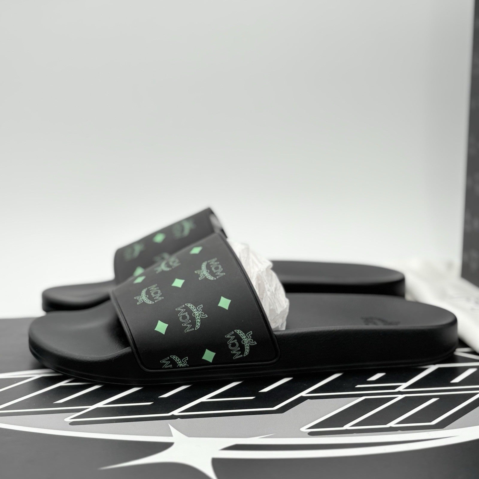 Size 45 (12 US) - MCM Monogram Print Rubber Slides ' Black Splash Green ' | NEW!