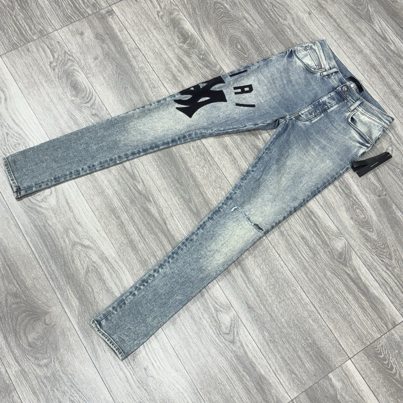 Size 30 - Amiri Suede Logo Appliqué Ripped Jeans ' Blue ' | BRAND NEW!