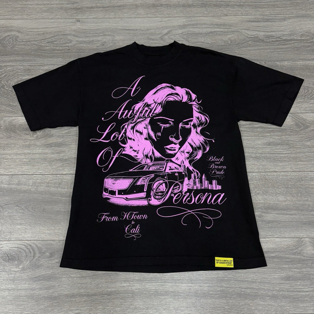Size L - Thats A Awful Lot Of Cough Syrup X Persona T-Shirt ' Black Pink ' | NEW