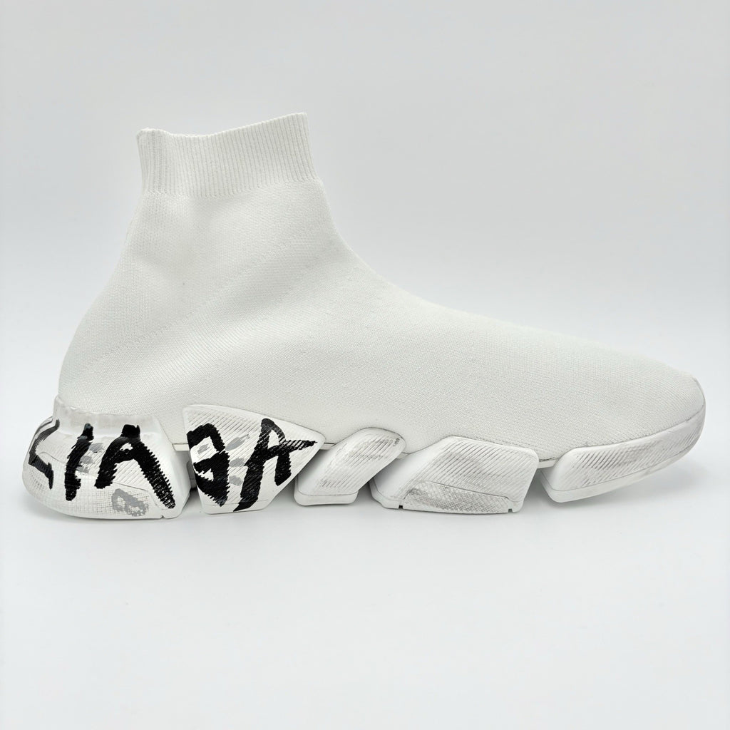 Size 46 (13 US) - Balenciaga Speed 2.0 Graffiti Recycled Knit ' White ' | NEW!