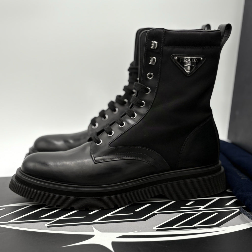 Size 9 UK (10 US) - Prada Nylon & Leather Triangle Logo Combat Boots ' Black '