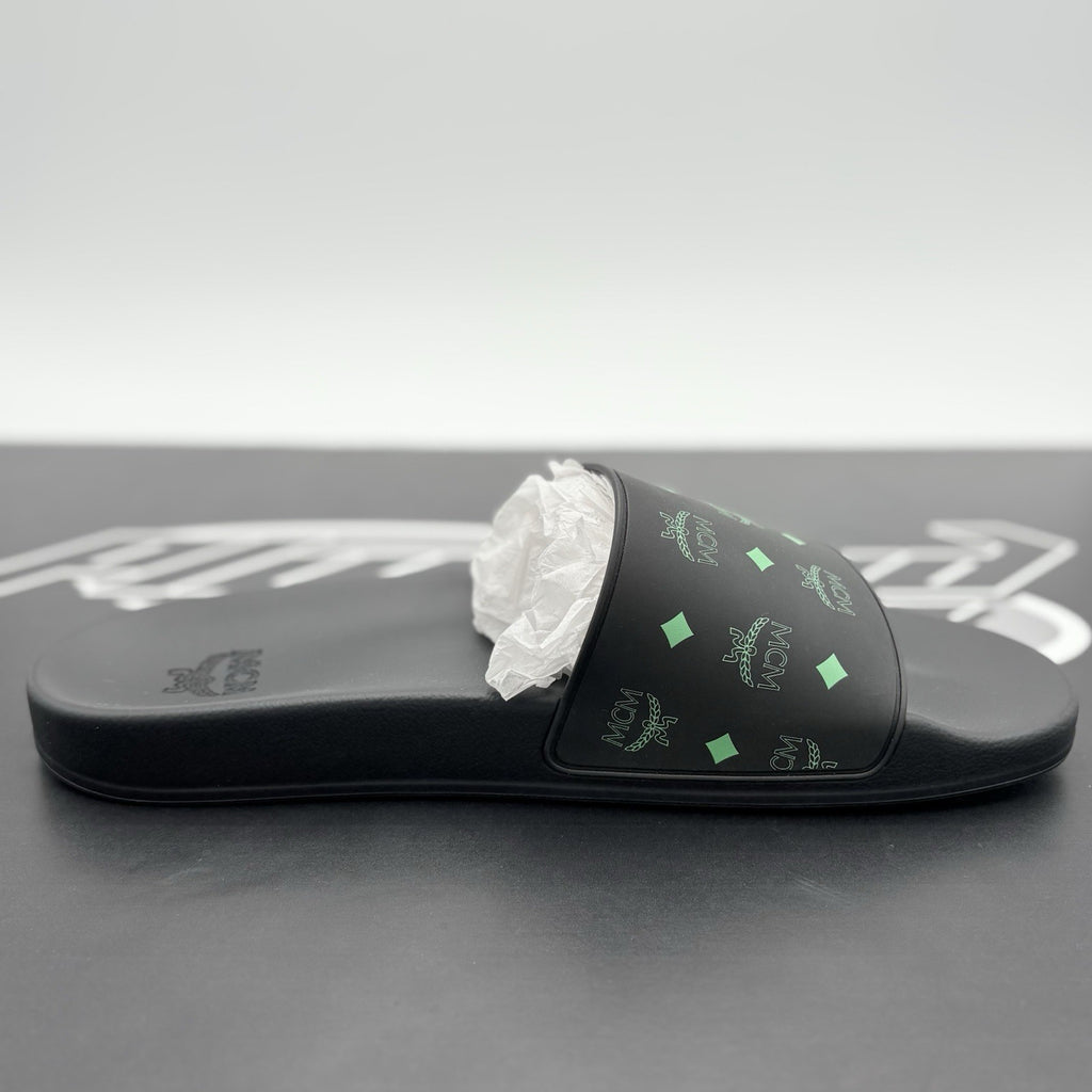 Size 45 (12 US) - MCM Monogram Print Rubber Slides ' Black Splash Green ' | NEW!