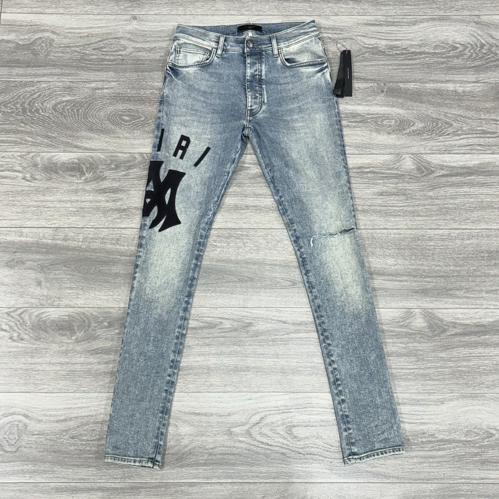 Size 30 - Amiri Suede Logo Appliqué Ripped Jeans ' Blue ' | BRAND NEW!