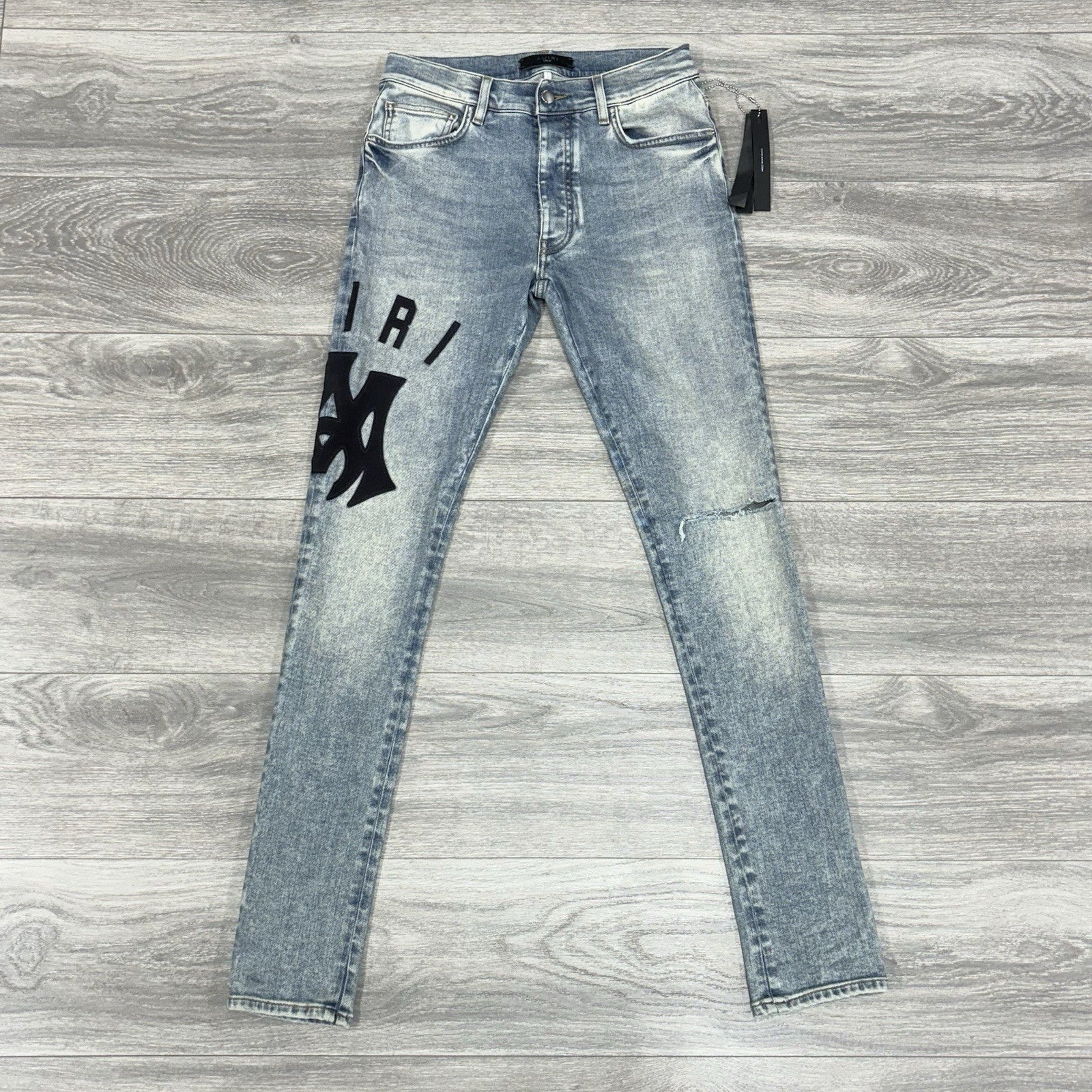 Size 30 - Amiri Suede Logo Appliqué Ripped Jeans ' Blue ' | BRAND NEW!