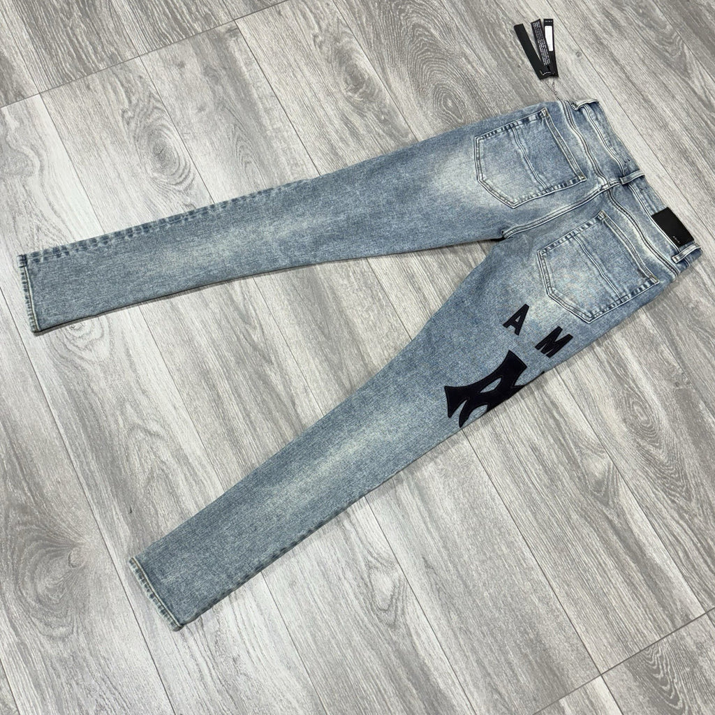 Size 30 - Amiri Suede Logo Appliqué Ripped Jeans ' Blue ' | BRAND NEW!