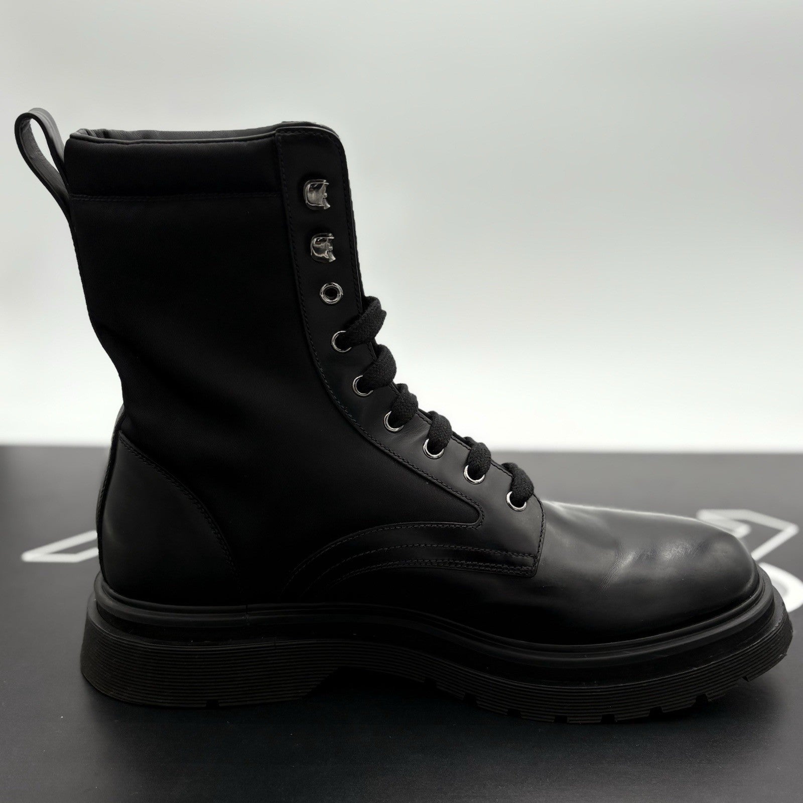 Size 9 UK (10 US) - Prada Nylon & Leather Triangle Logo Combat Boots ' Black '