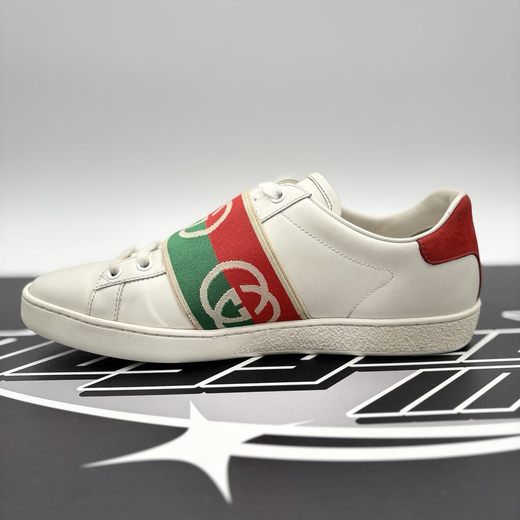 Size 38.5 (7 W US) - Gucci Ace Web 'Interlocking G - White Red Green ‘ | GOOD!