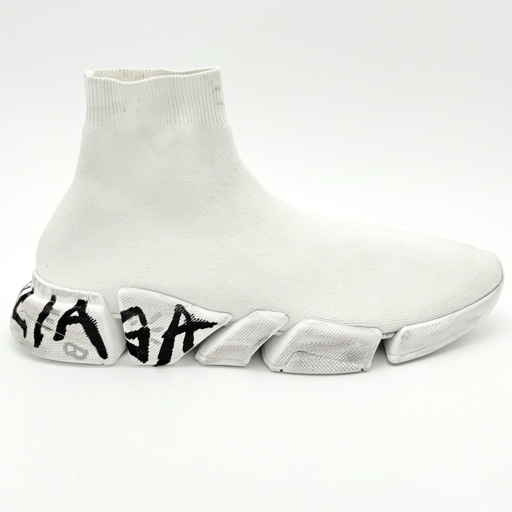 Size 46 (13 US) - Balenciaga Speed 2.0 Graffiti Recycled Knit ' White ' | NEW!