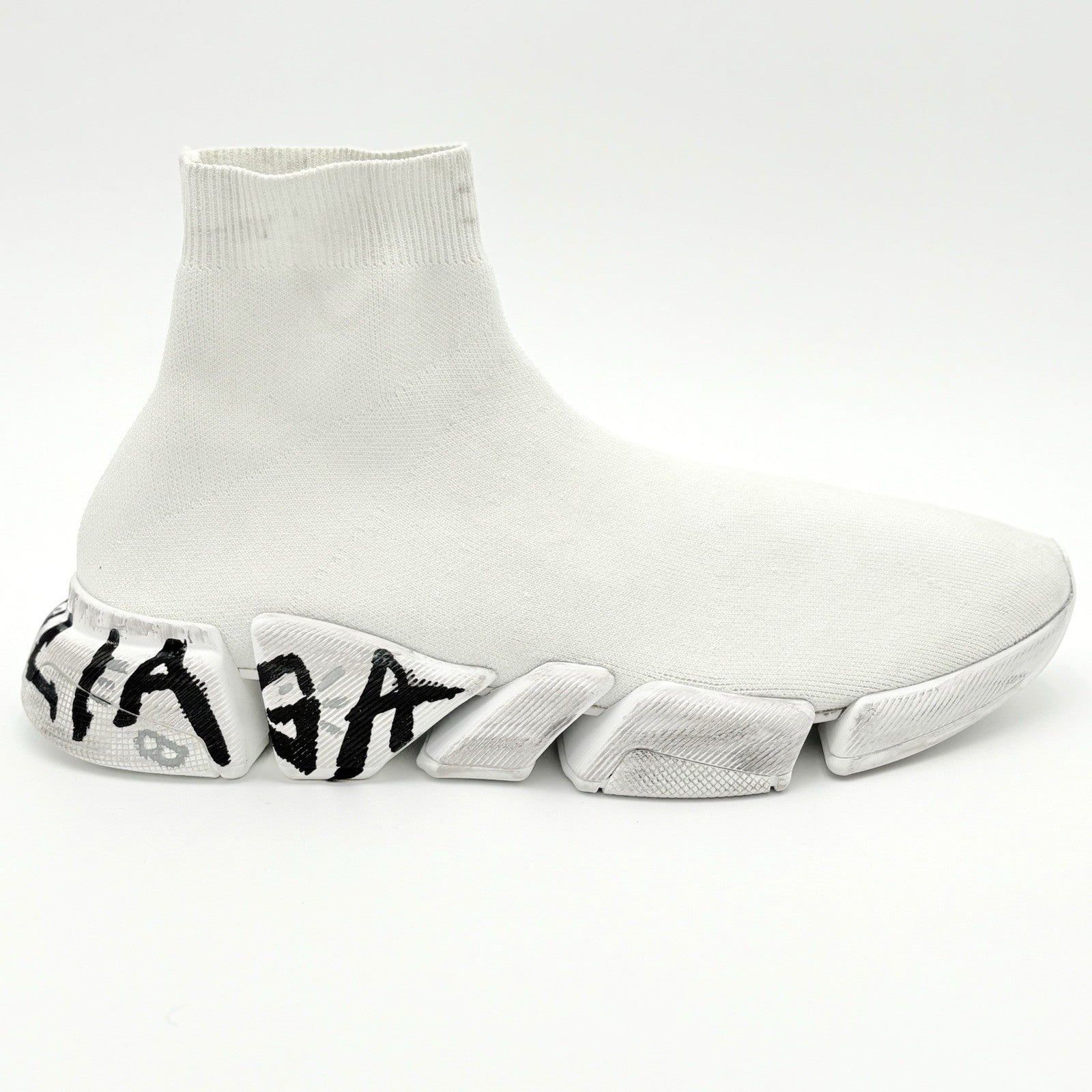 Size 46 (13 US) - Balenciaga Speed 2.0 Graffiti Recycled Knit ' White ' | NEW!