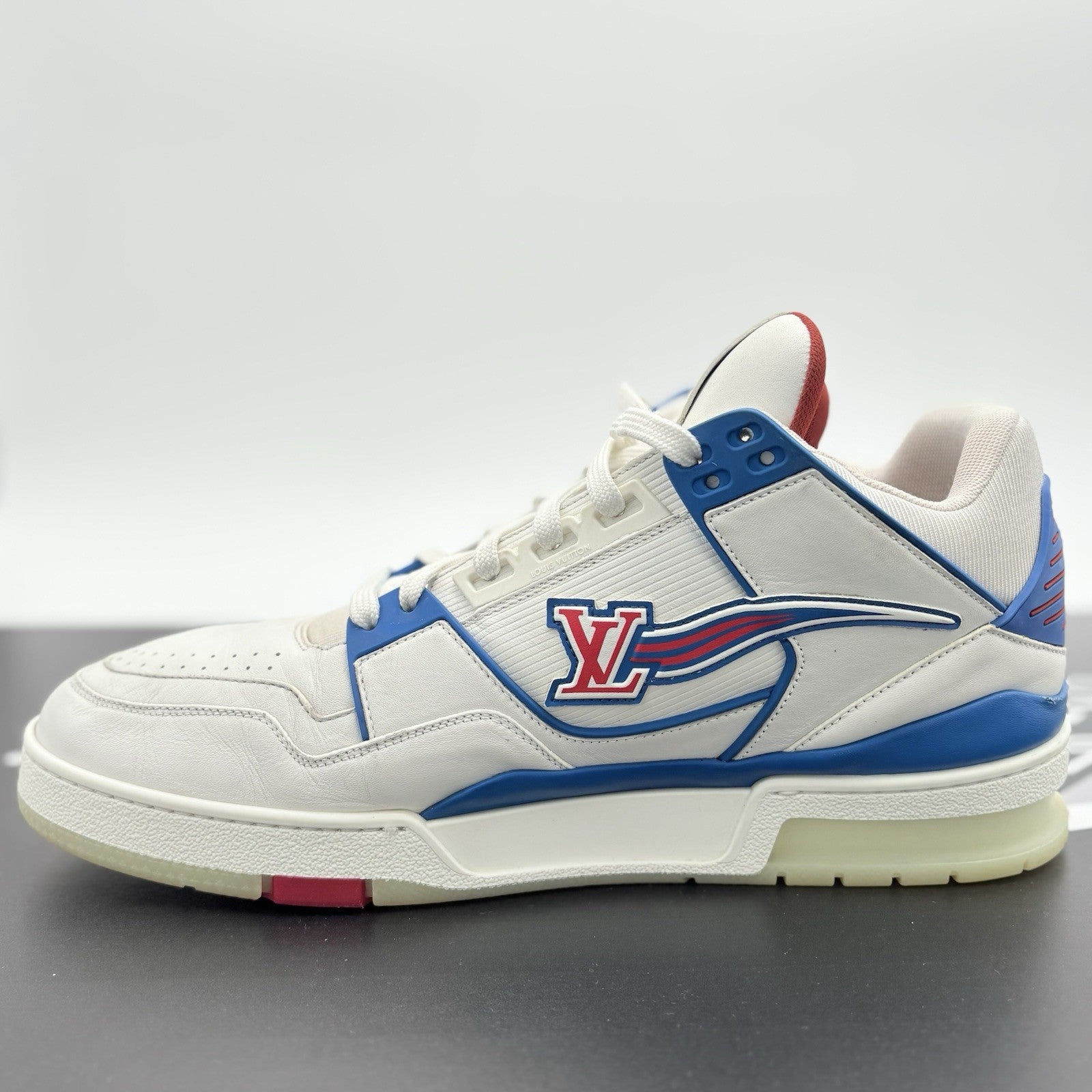 Size 10 LV (US 11-11.5) Louis Vuitton Mid Trainer ' White Red Blue ' | GOOD!