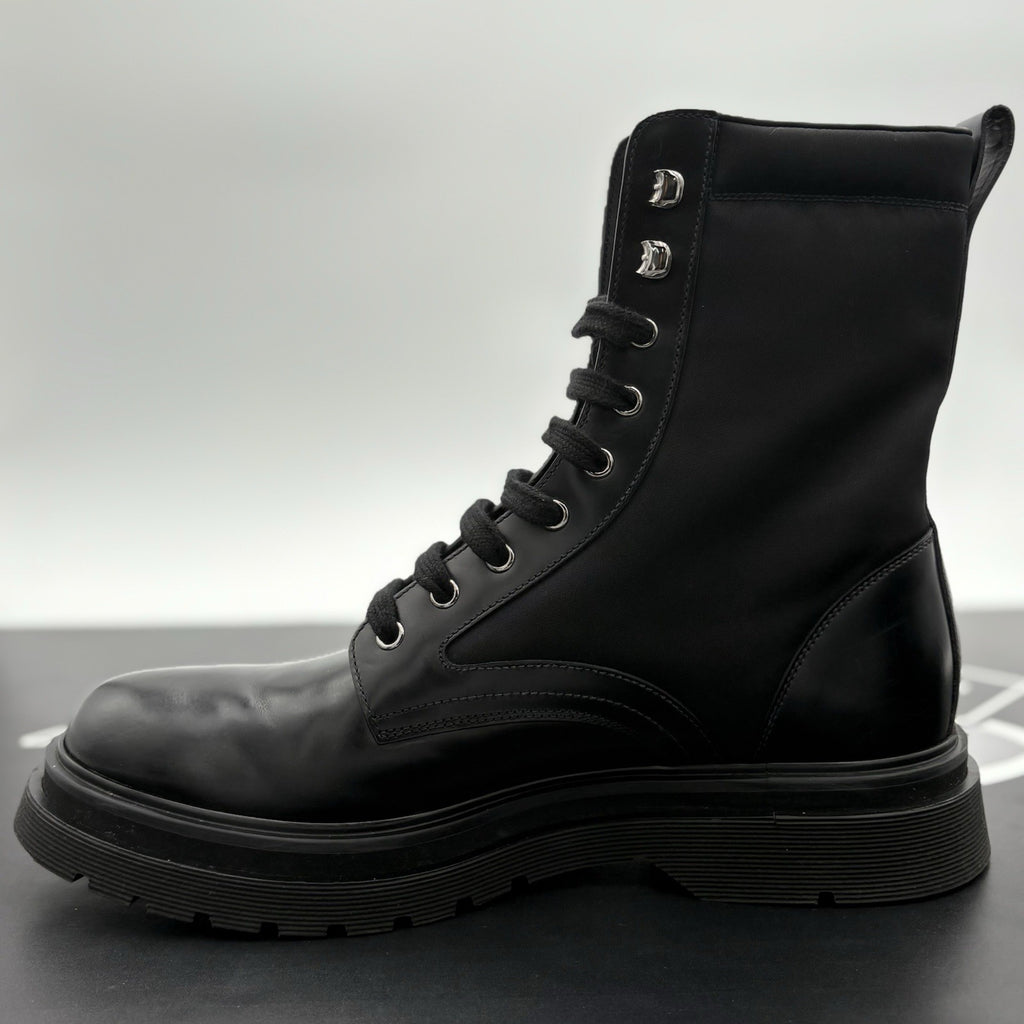 Size 9 UK (10 US) - Prada Nylon & Leather Triangle Logo Combat Boots ' Black '