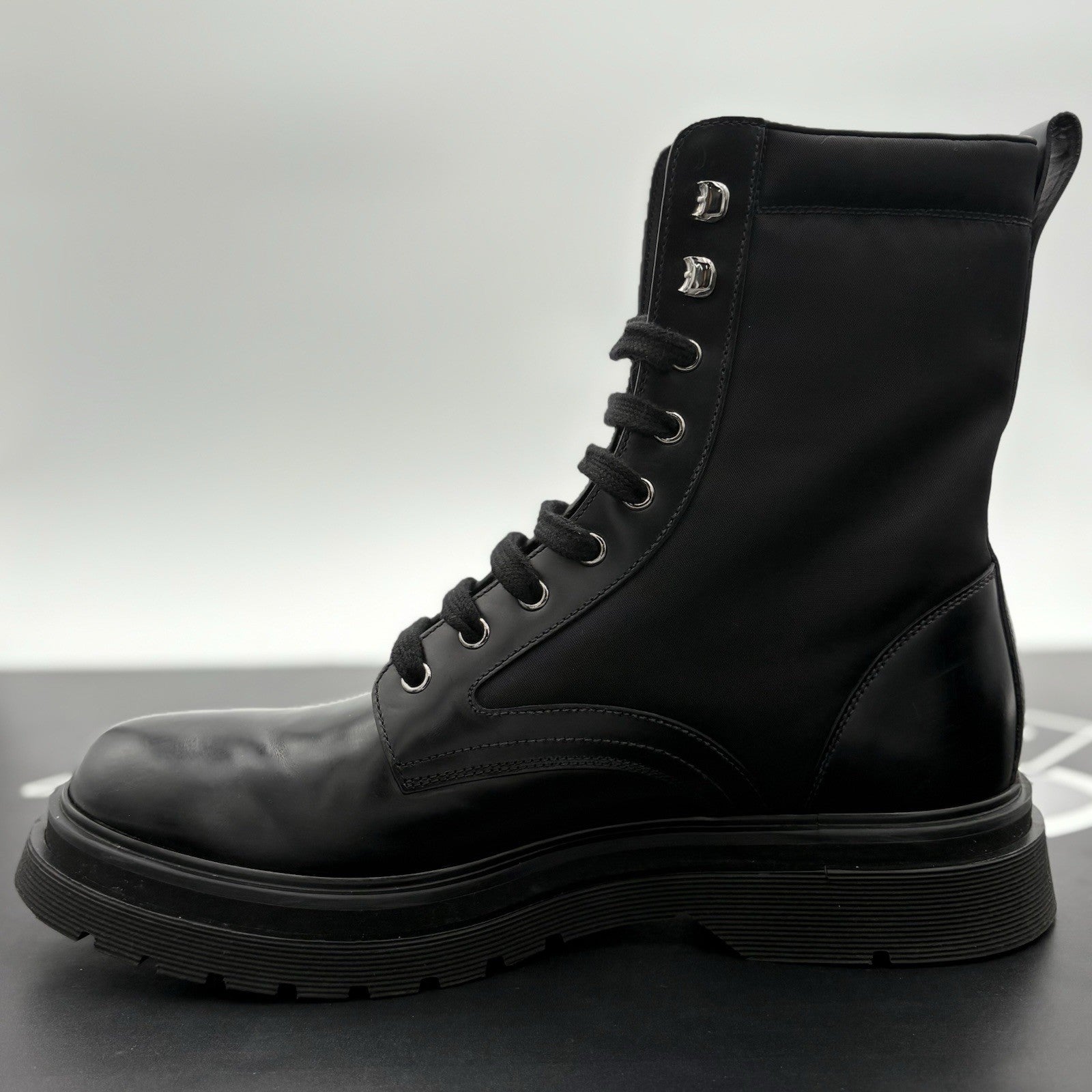 Size 9 UK (10 US) - Prada Nylon & Leather Triangle Logo Combat Boots ' Black '