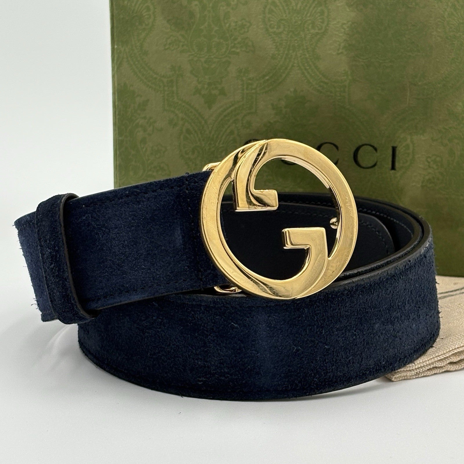 Gucci Belt GG Interlocking Buckle Suede & Leather Belt ' Blue '