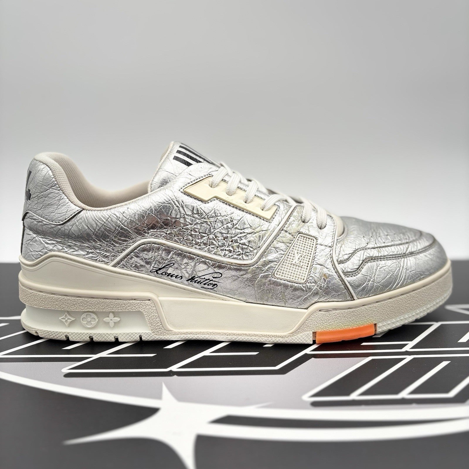 Size 10 LV (11-11.5 US) - Louis Vuitton Trainer Low ' Metallic Silver Orange '