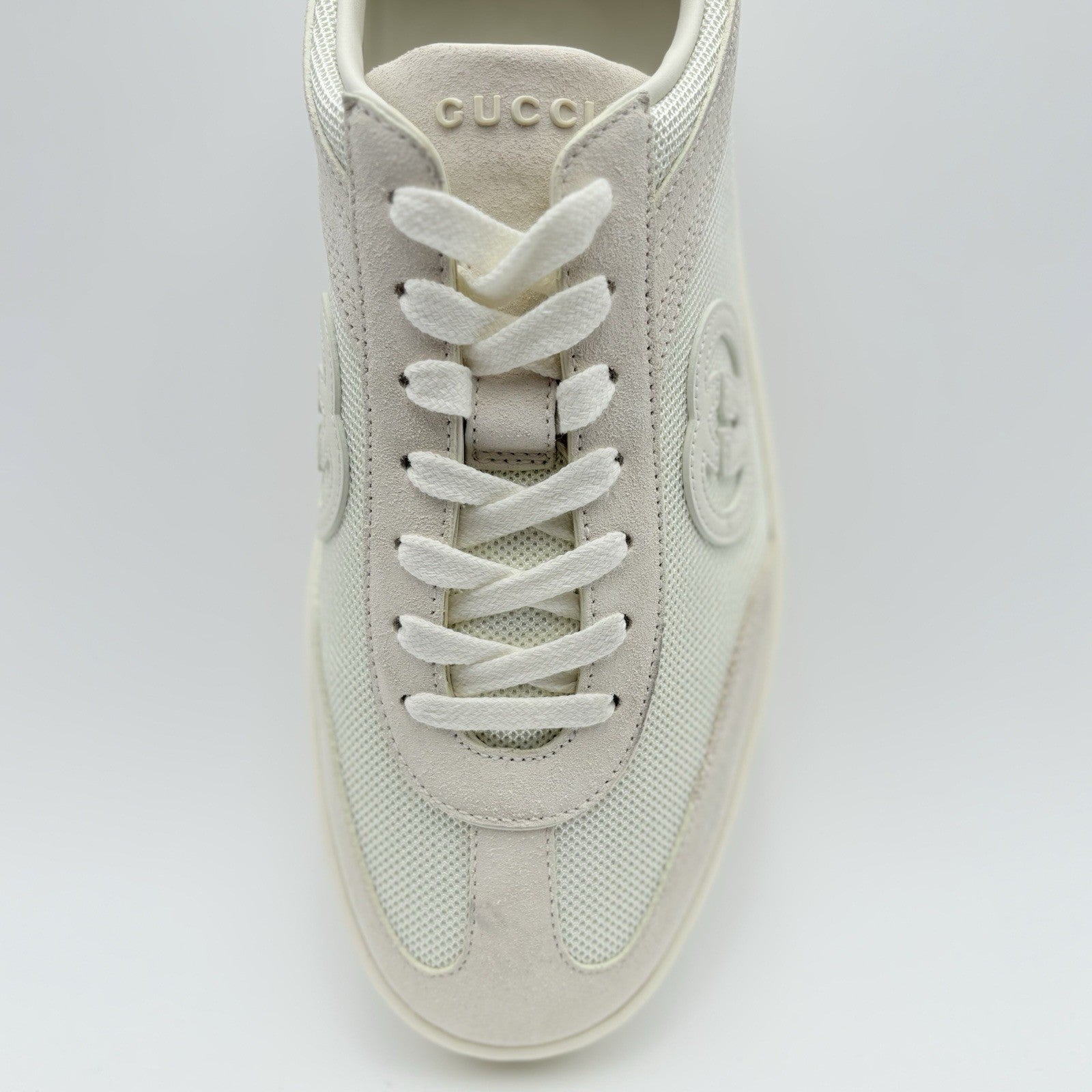 Size 9.5 G (10 US) Gucci G75 Interlocking G Suede Sneaker ' Beige White ' | NEW!