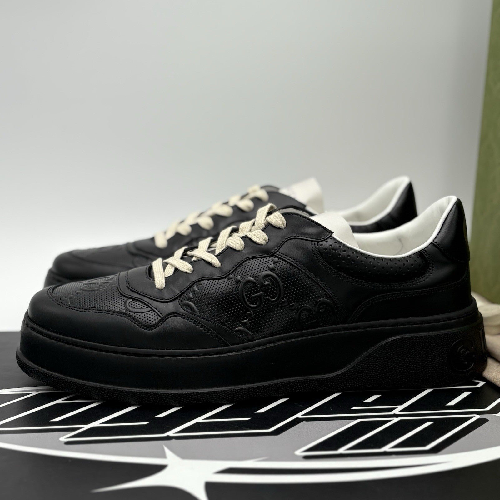 Size 12.5 G (13 US) - Gucci GG Embossed ' Black Leather ' | BRAND NEW!