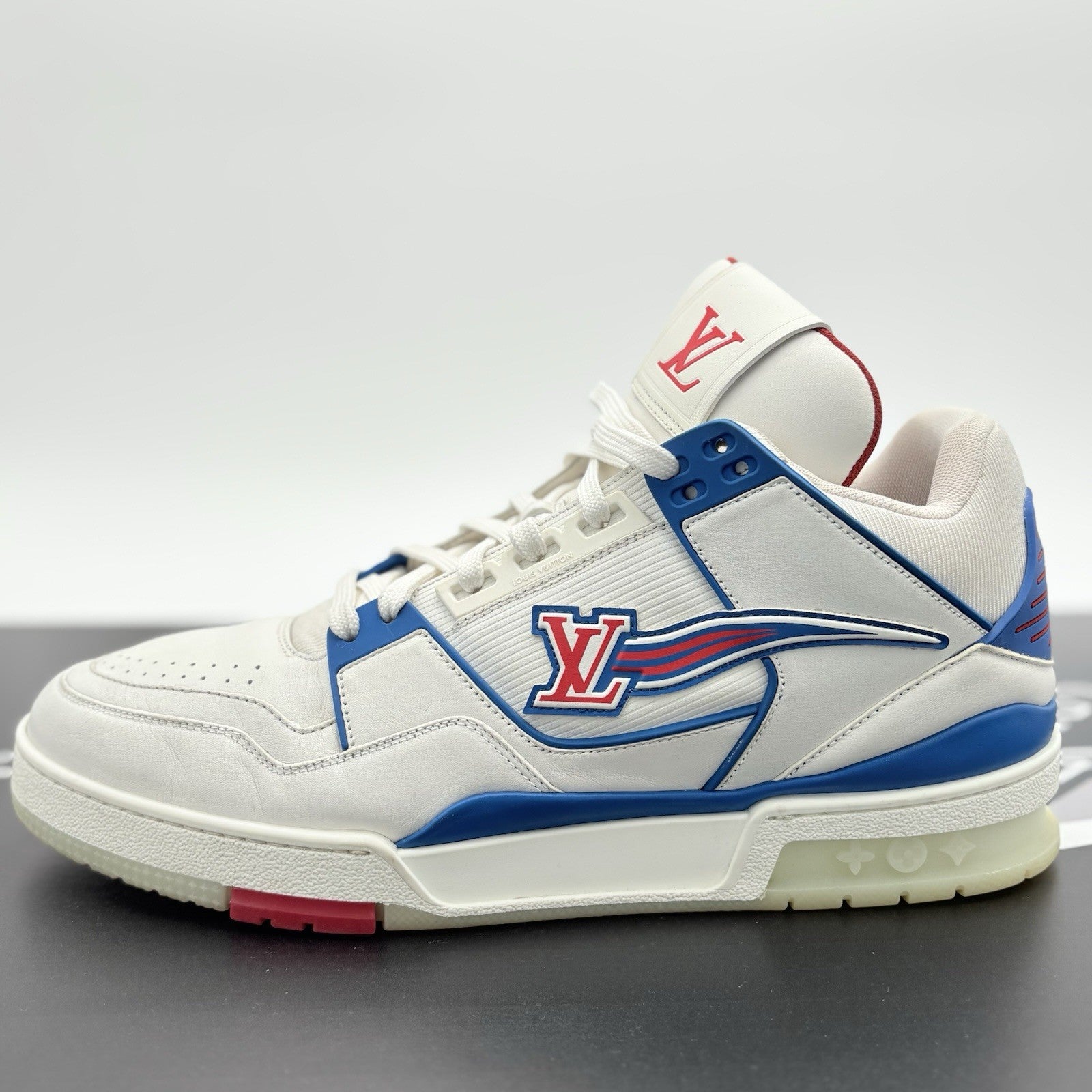 Size 10 LV (US 11-11.5) Louis Vuitton Mid Trainer ' White Red Blue ' | GOOD!
