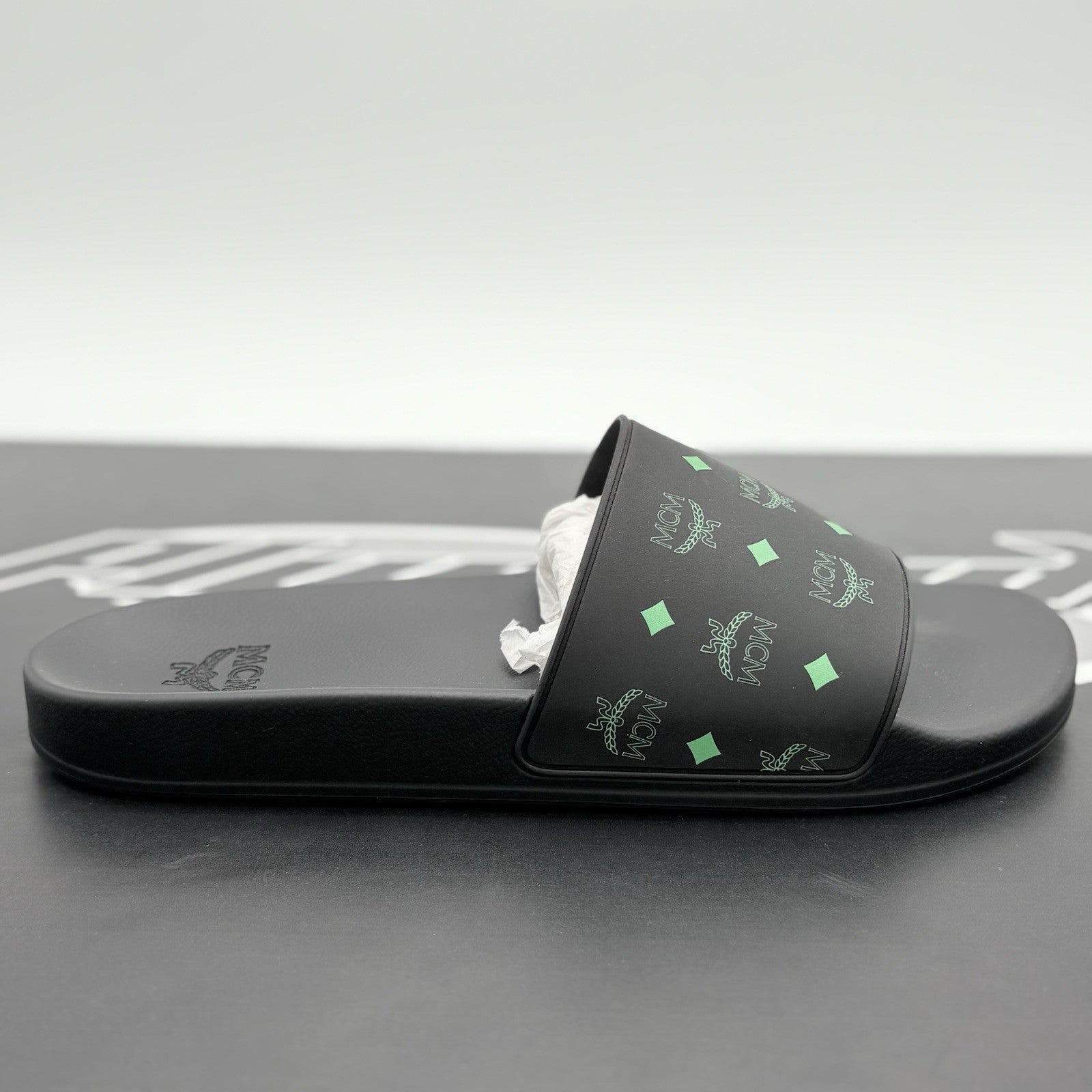 Size 45 (12 US) - MCM Monogram Print Rubber Slides ' Black Splash Green ' | NEW!