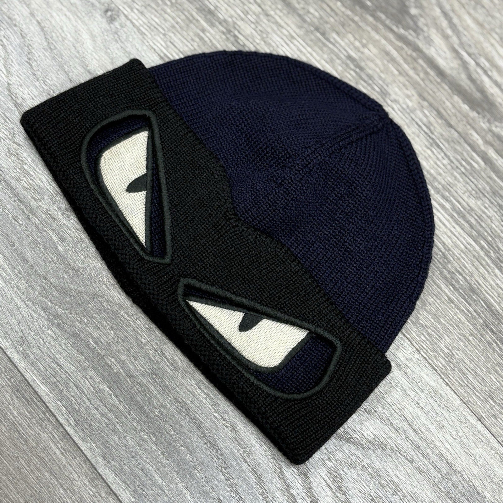 Fendi Embroidered Bad Bugs Monster Eyes Beanie ' Navy Blue Black '
