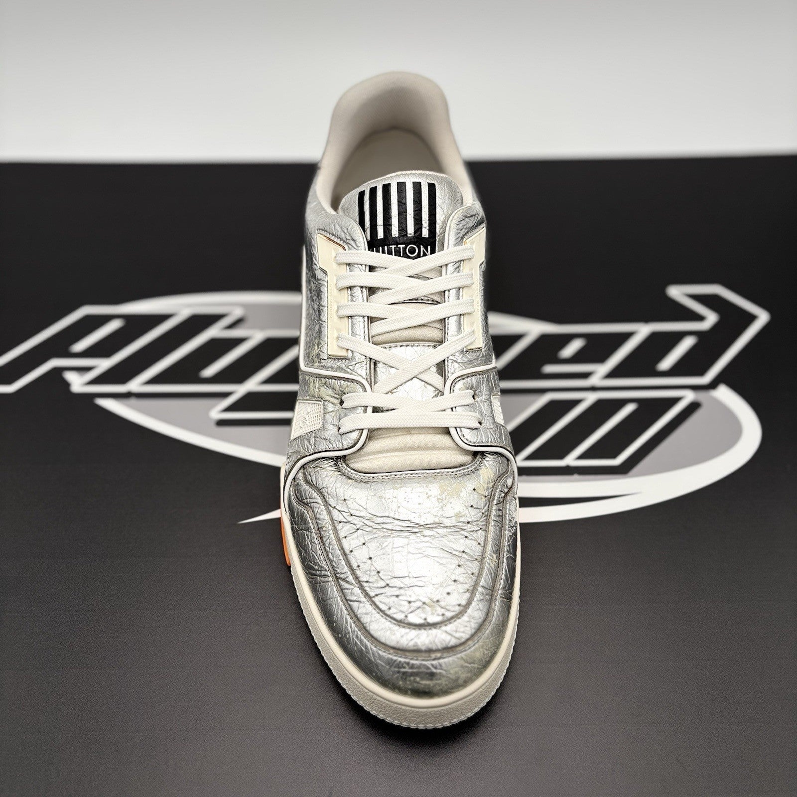 Size 10 LV (11-11.5 US) - Louis Vuitton Trainer Low ' Metallic Silver Orange '