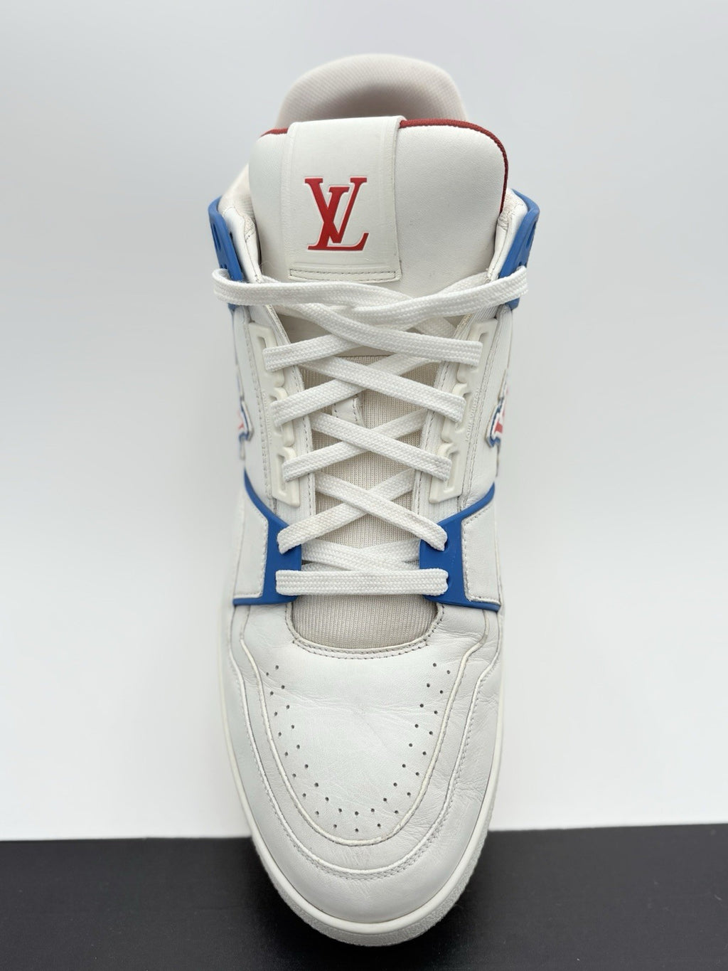 Size 10 LV (US 11-11.5) Louis Vuitton Mid Trainer ' White Red Blue ' | GOOD!