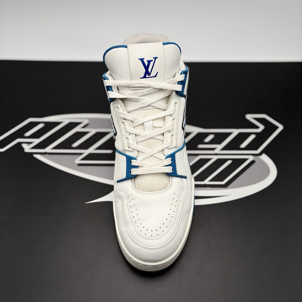 Size 8.5 LV (9.5-10 US) - Louis Vuitton Trainer Mid ‘ White, Blue ’ | GREAT!