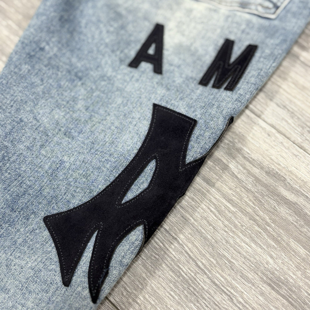 Size 30 - Amiri Suede Logo Appliqué Ripped Jeans ' Blue ' | BRAND NEW!